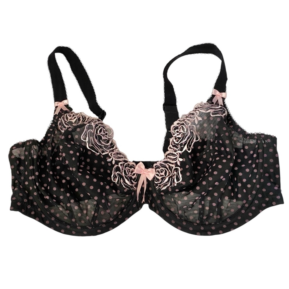 Elomi Betty Underwire Plunge Bra Black Pink Sheer Polka Dot Lace Embroidery 40F - Picture 2 of 11